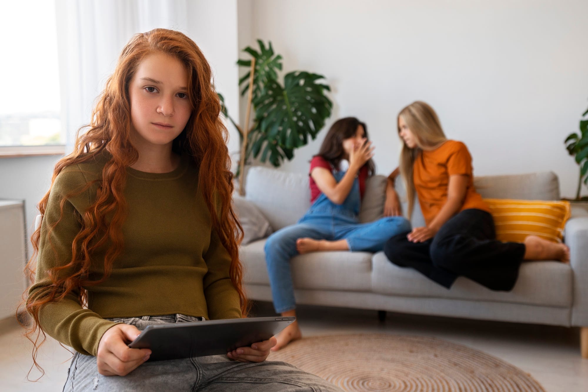 Tiener op de middelbare school die verdrietig verder weg van haar klasgenoten zit vanwege pesten